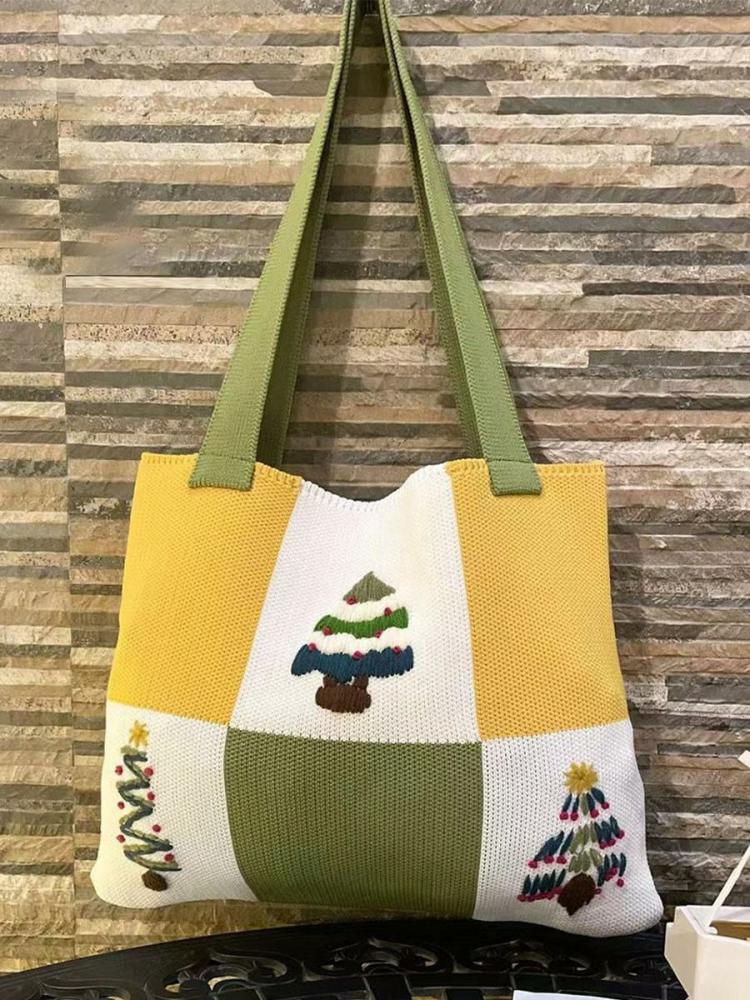 Accessories |   Bags Green Poly/Cotton Blend Double Handle Straps Printed Crochet Christmas Bags Accessories Accessories