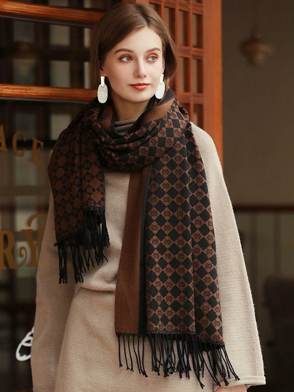 Accessories |   Coffee Brown Woman’s Scarf Attractive Plaid Fringe Fiber Winter Warm Long Scarf Accessories Accessories