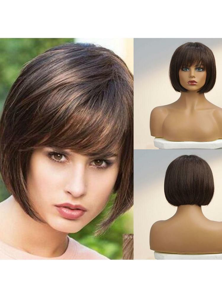 Accessories |   Human Hair Wigs Deep Brown Straight Mixed-hair Layered Medium Unisex Women Short Wig Accessories Accessories