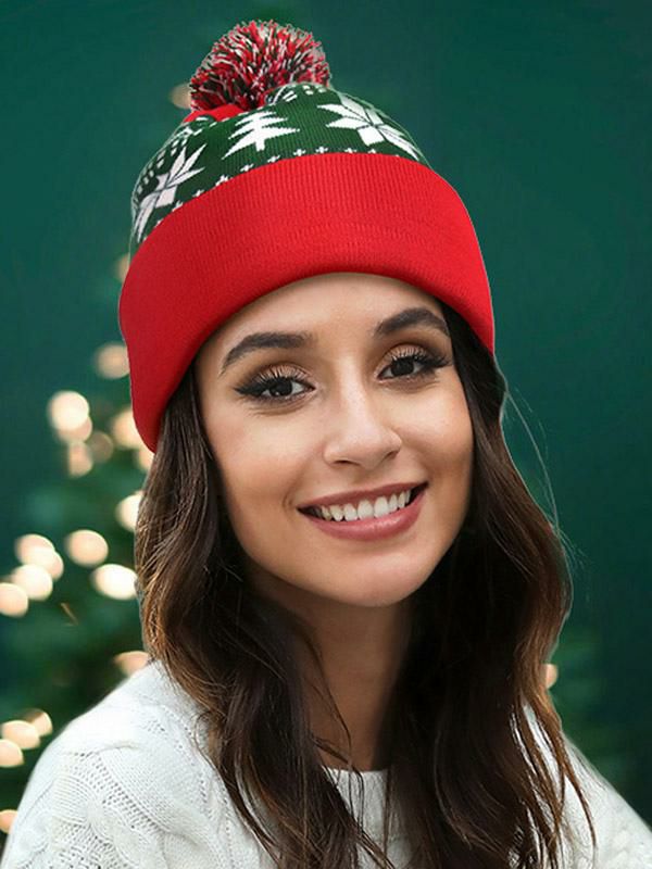 Accessories |   Red Pom Poms Hat Christmas Pattern Winter Cap Accessories Accessories