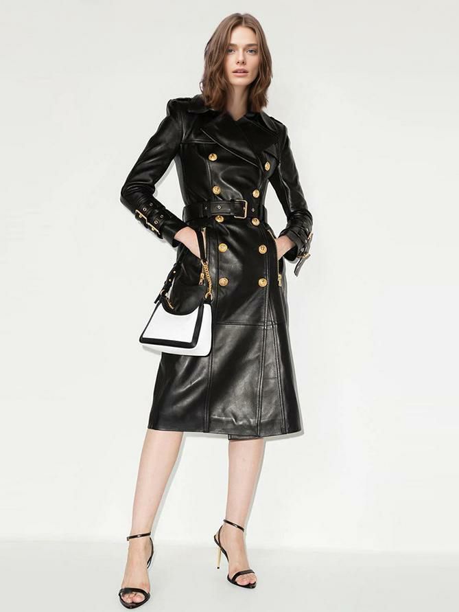 Accessories |   Trench Coat Notched Lapel Double Breast Belted PU Leather Outerwear Accessories Accessories