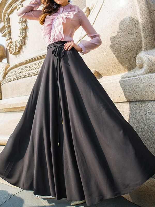 Bottoms |   Black Full Skirt High Waist Belted Fall Spring Flared Skirts Bottoms Bottoms