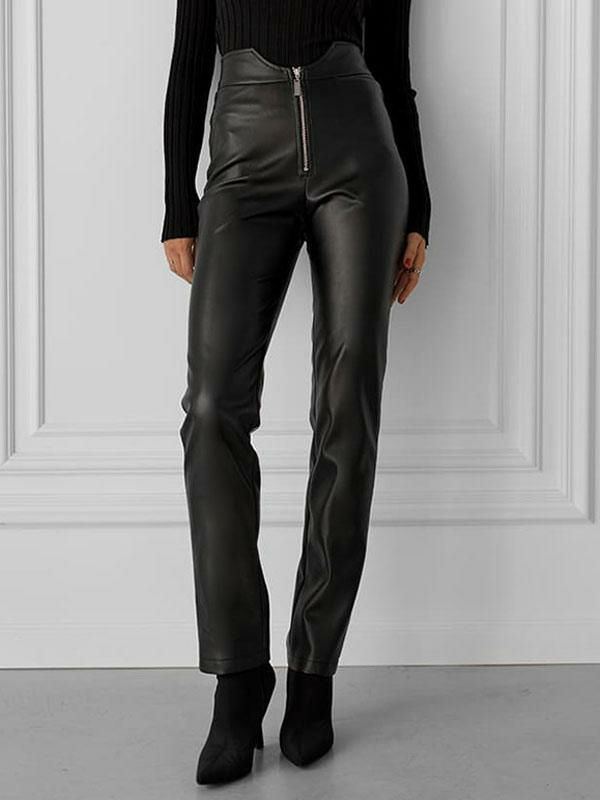 Bottoms |   Black PU Leather Pants Raised Waist Zipper Fly Trousers Bottoms Bottoms