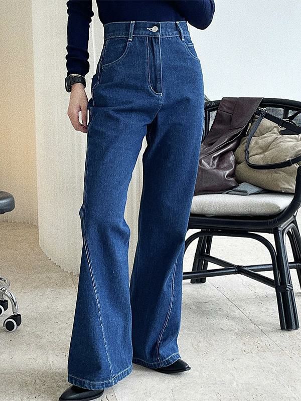 Bottoms |   Blue Flared Jeans High Waist Zipper Fly Irregular Casual Trousers Bottoms Bottoms