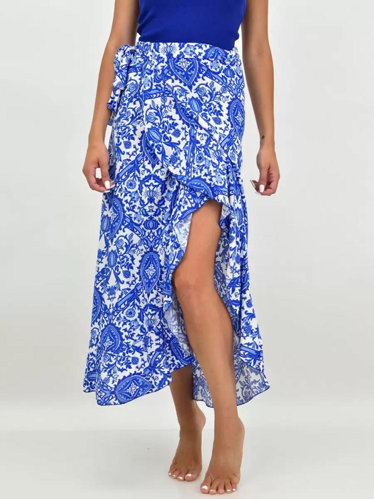 Bottoms |   Blue Skirt Paisley Pattern Lace Up Natural Waist Casual Full Skirts Bottoms Bottoms