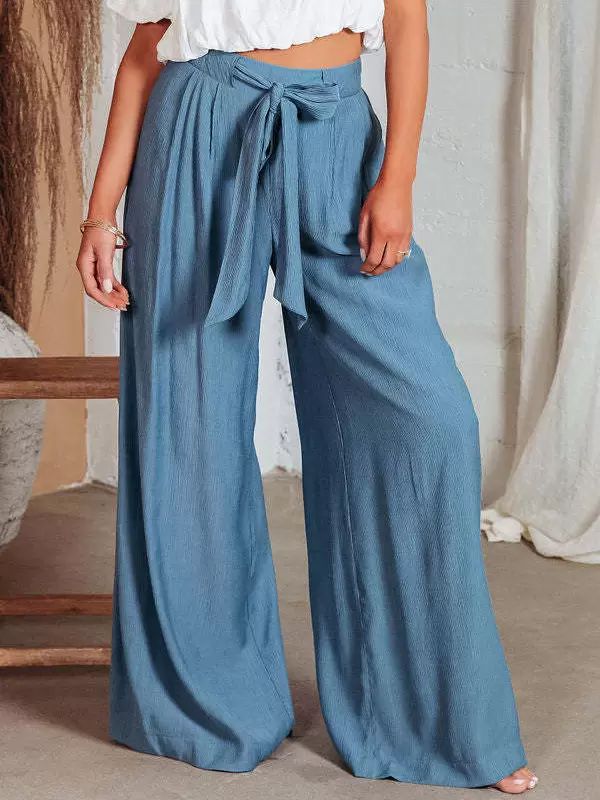 Bottoms |   Blue Wide Leg Trousers High Waist Lace Up Casual Floor Mopping Pants Bottoms Bottoms