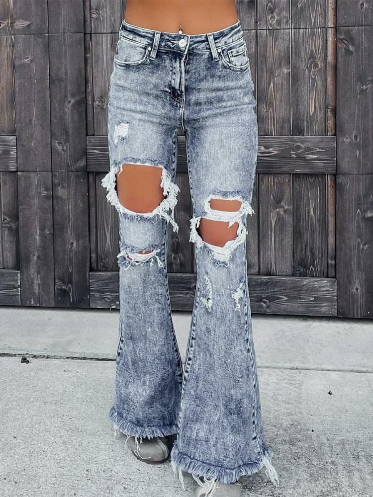 Bottoms |   Bootcut Jeans For Women Ripped Cotton Raw Edge Bottoms 2024 Bottoms Bottoms