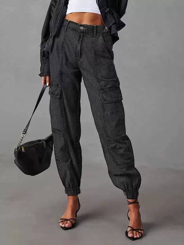 Bottoms |   Cargo Jeans High Waist Pockets Casual Chic Trousers In Solid Color Bottoms Bottoms