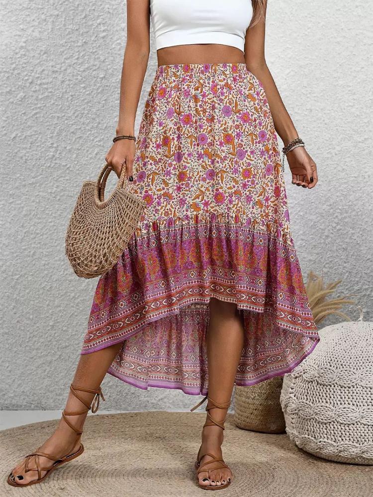 Bottoms |   Colorful Skirt Floral High-Low Mid Rise Bohemian Summer Casual Skirts Bottoms Bottoms