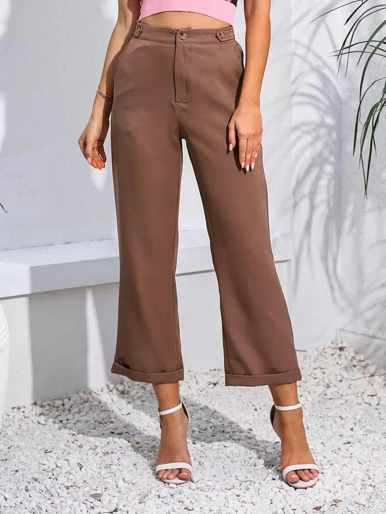 Bottoms |   Dark Brown Pants Buttons Straight Leg Casual Trousers Bottoms Bottoms