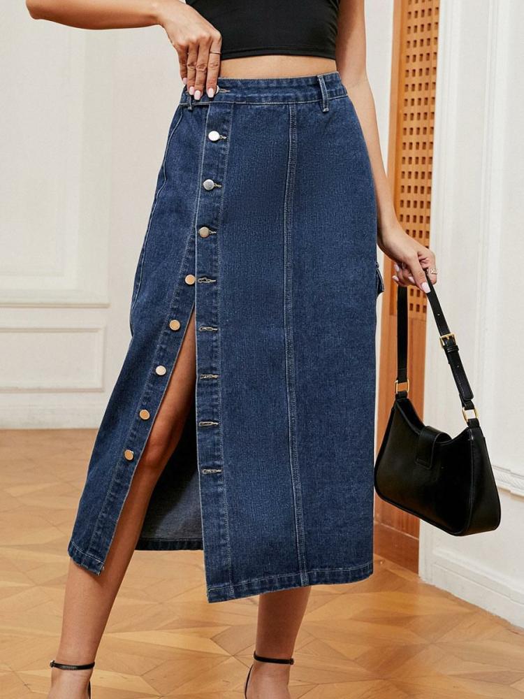 Bottoms |   Denim Full Skirt High-Waisted Button Fly Asymmetrical Bottom Bottoms Bottoms