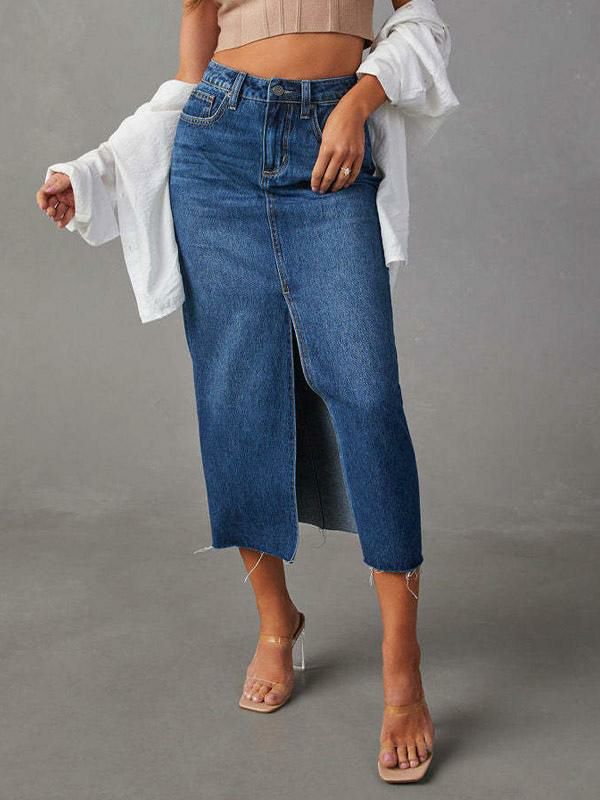 Bottoms |   Denim Full Skirt Rasied Waist High-Slit Zipper Fly With Fringe Skirts Bottoms Bottoms