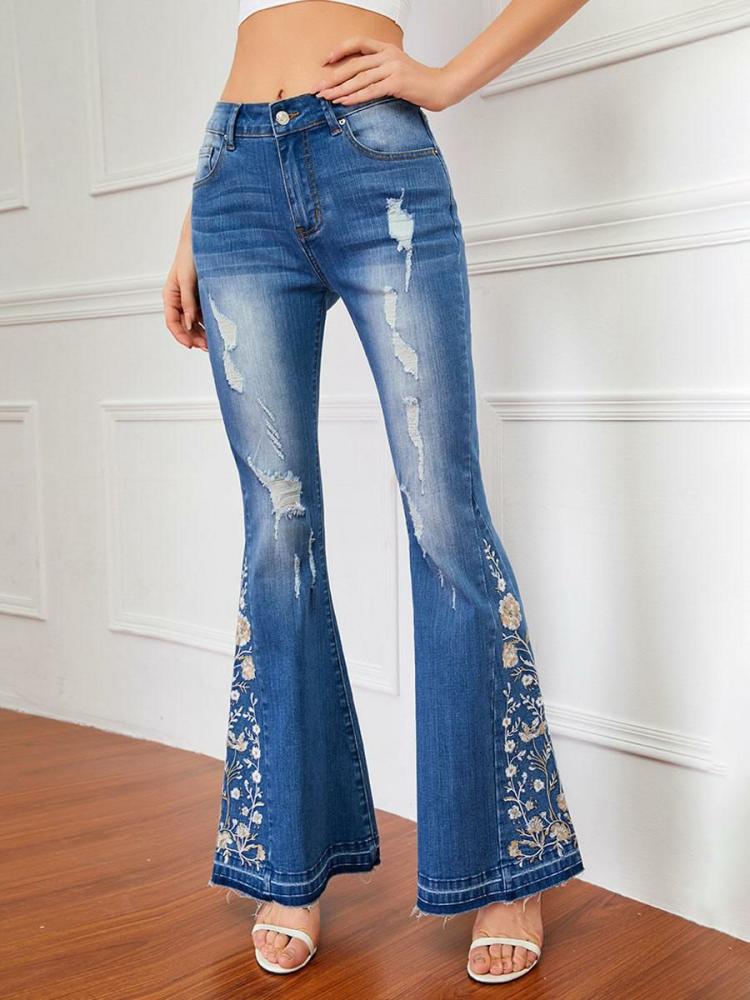 Bottoms |   Flare Jeans For Woman Mid Rise Embroidered Ripped Bell Bottoms 2024 Bottoms Bottoms