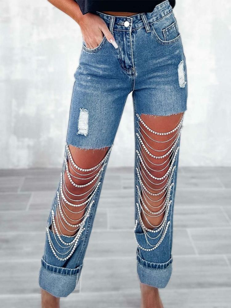 Bottoms |   Fringe Jeans Chains High Waist Asymmetrical Nightout Denim Pants Bottoms Bottoms