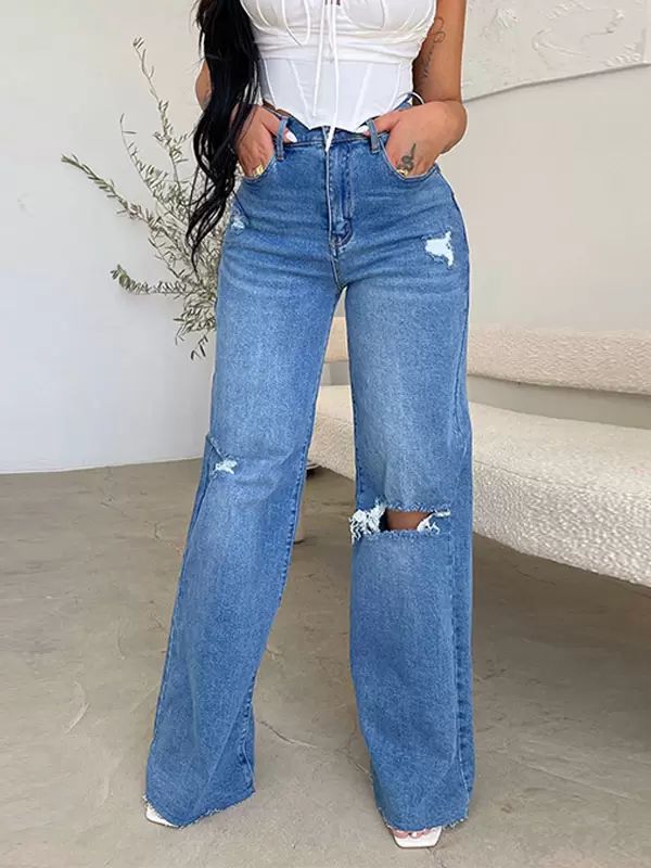 Bottoms |   Jeans For Woman Charming Distressed Straight Polyester Bottoms Bottoms