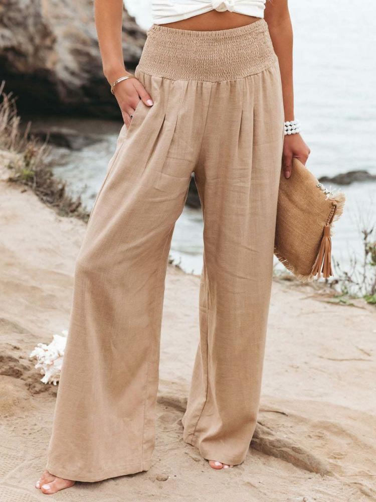 Bottoms |   Khaki Linen Pants Wide Leg Elastic Waist Summer Trousers Bottoms Bottoms