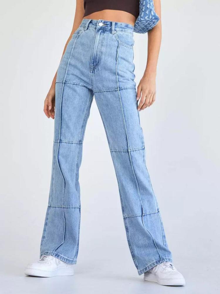 Bottoms |   Light Sky Blue Jeans High Waist Metal Details Patchwork Straight Denim Pants Bottoms Bottoms