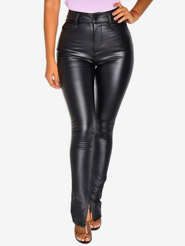 Bottoms |   Pants Black Zipper PU Leather Low-slit Raised Waist Trousers Bottoms Bottoms