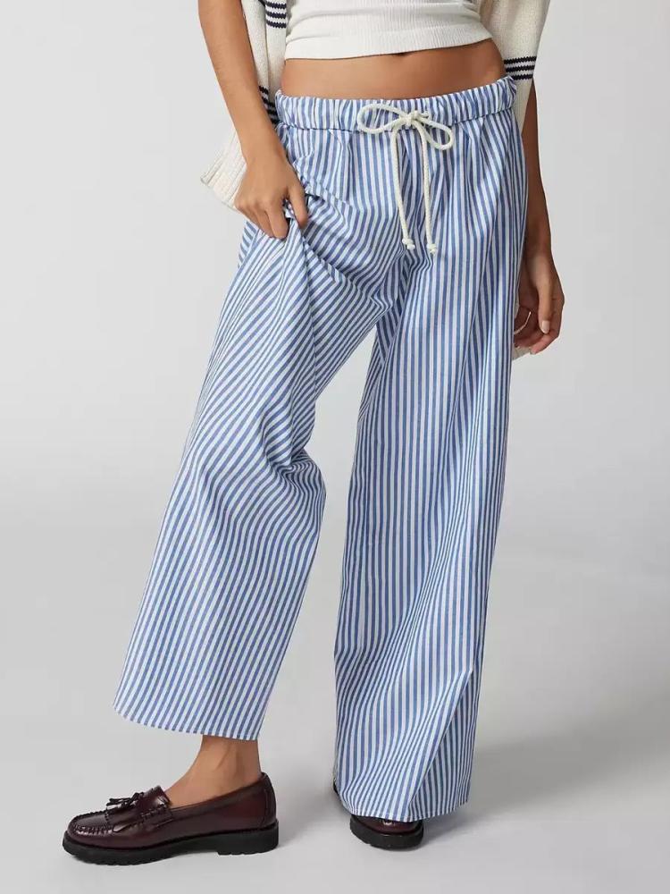 Bottoms |   Pants Light Sky Blue Lace Up Polyester Natural Waist Stripes Trousers Bottoms Bottoms