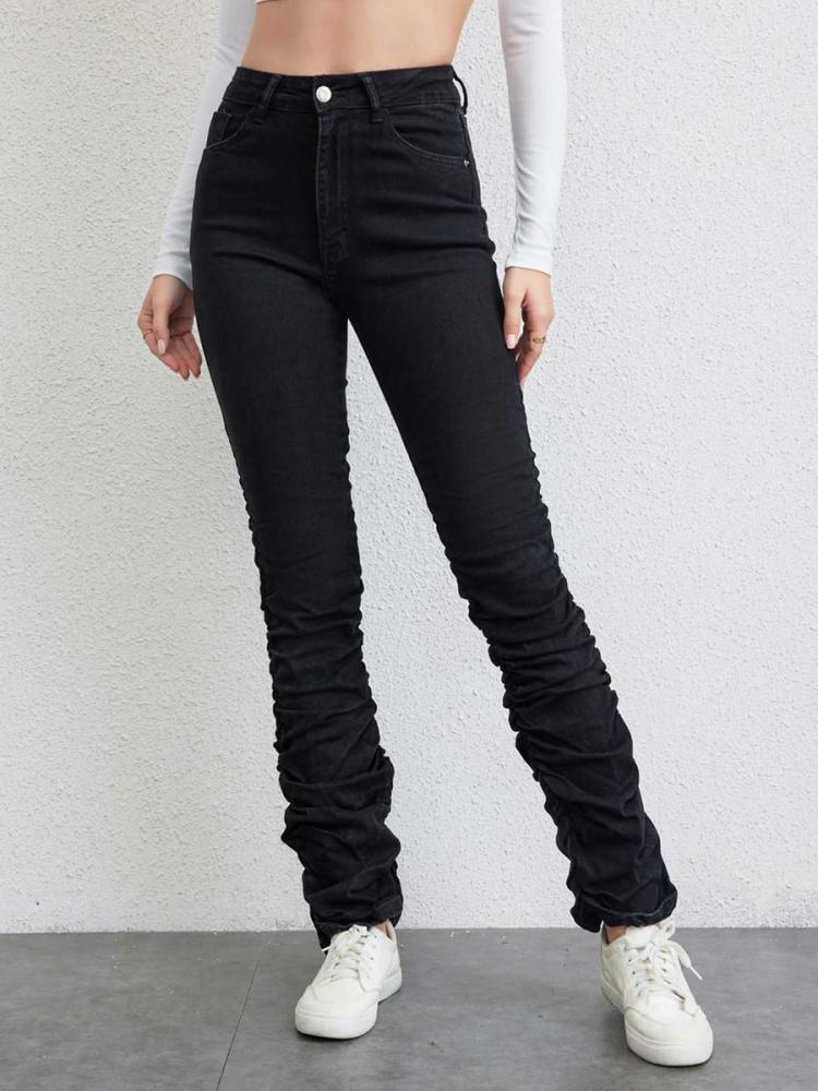 Bottoms |   Pleated Jeans High-Waisted Zipper Fly Straight Denim Trousers Bottoms Bottoms