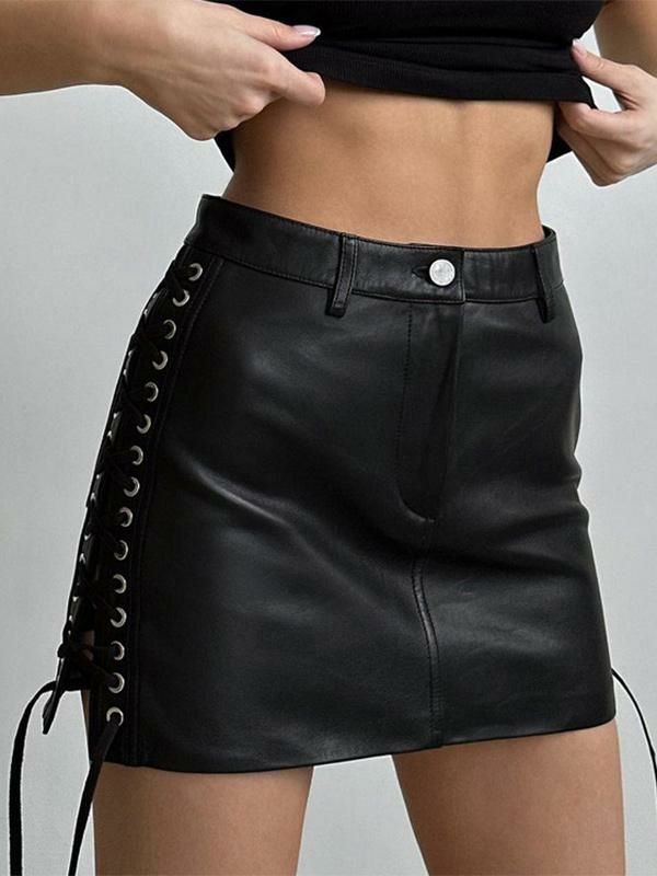 Bottoms |   PU Leather Mini Skirt Lace Up Rave Club Party Mini Skirts Bottoms Bottoms