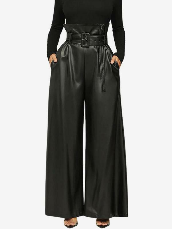 Bottoms |   PU Leather Pants High Waist Belt Wide Legs Solid Color Women Trousers Bottoms Bottoms