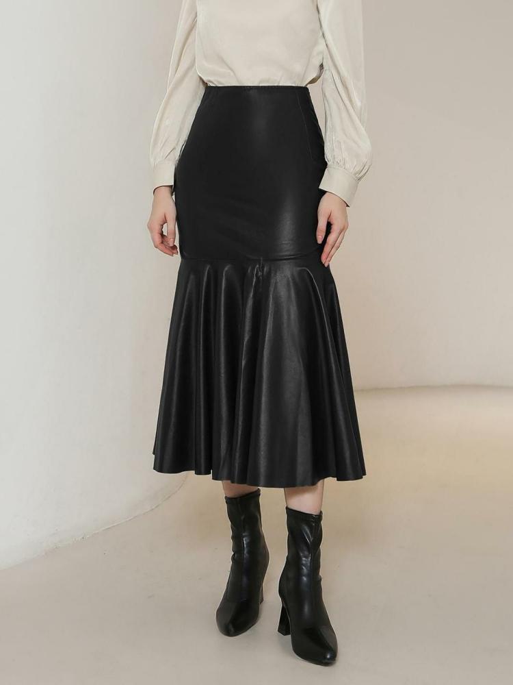 Bottoms |   PU Leather Skirt Ruffles Mid-Length Daily Casual Bottoms Bottoms Bottoms