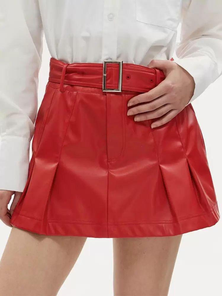 Bottoms |   Red Skirt Belted Metal Details Pleated Night Out Chic Coachella Bottom Bottoms Bottoms