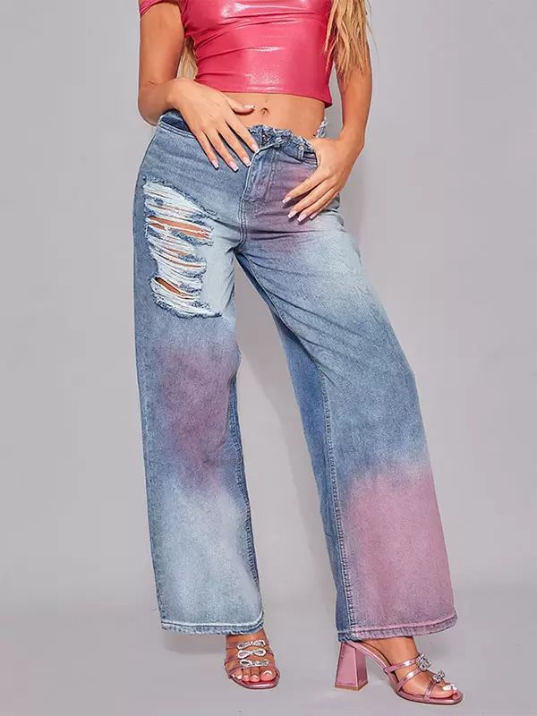 Bottoms |   Ripped Jeans Wide Leg Mid Rised Ombre Asymmetrical Denim Trousers Bottoms Bottoms