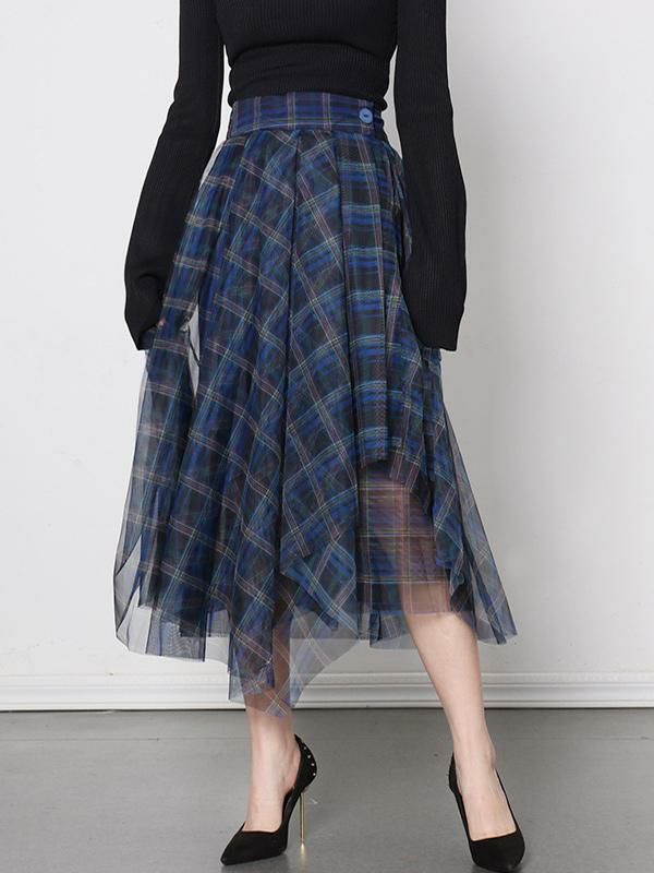 Bottoms |   Scotland Plaid Overskirt High Waist Handkerchief Tulle Daily Casual Skirts Bottoms Bottoms