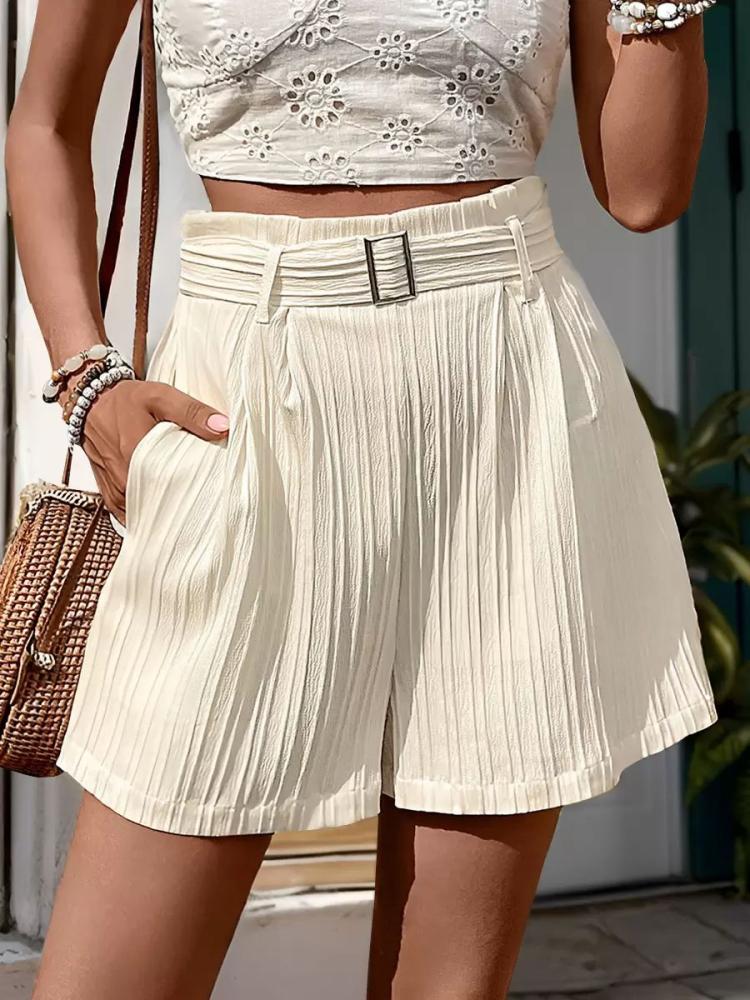 Bottoms |   Shorts High Waist Pockets Pleated Solid Color Summer Casual Shorts With Sash Bottoms Bottoms