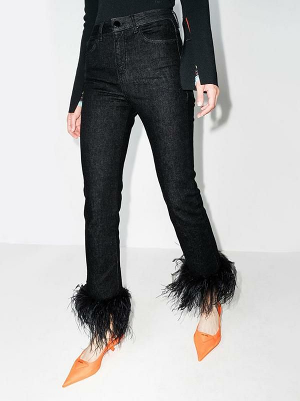 Bottoms |   Skinny Jeans Feather Trim High Waist Zipper Fly Denim Trousers Bottoms Bottoms