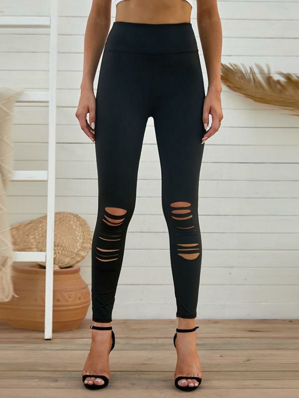 Bottoms |   Skinny Pants Cutout High Waist Casual Trousers In Solid Color Bottoms Bottoms