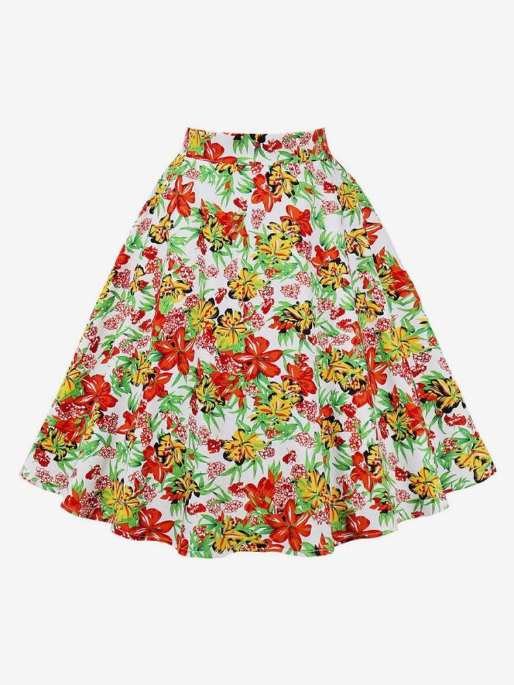 Bottoms |   Skirt For Women Red Floral Print Cotton Knee Length High Rise Waist Autumn And Winter Women Bottoms Bottoms Bottoms