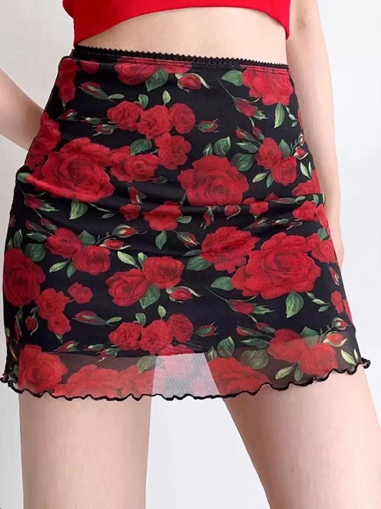 Bottoms |   Skirts Red Tulle Natural Waist Casual Floral Print Summer Short Bottoms Bottoms Bottoms