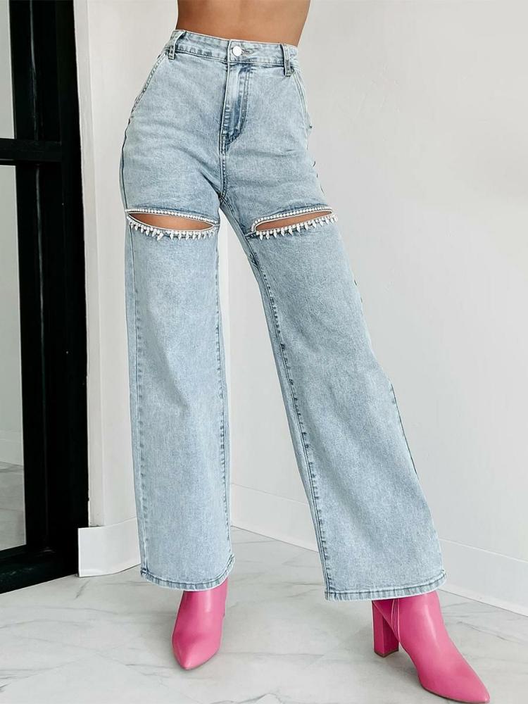 Bottoms |   Wide Leg Jeans Rhinestones Cutout High Waist Casual Denim Trousers Bottoms Bottoms