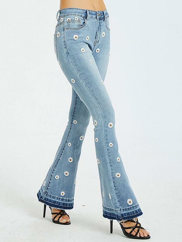 Bottoms |   Woman’s Bootcut Jeans Daisy Embroidered Mid Rise Flare Bottoms 2024 Bottoms Bottoms