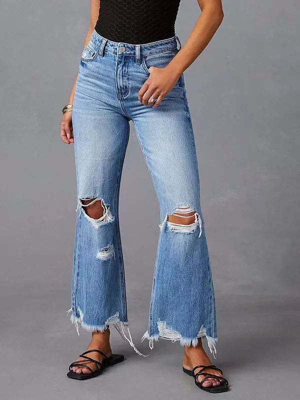 Bottoms |   Woman’s Jeans Charming Distressed Flared Polyester Bottoms Bottoms