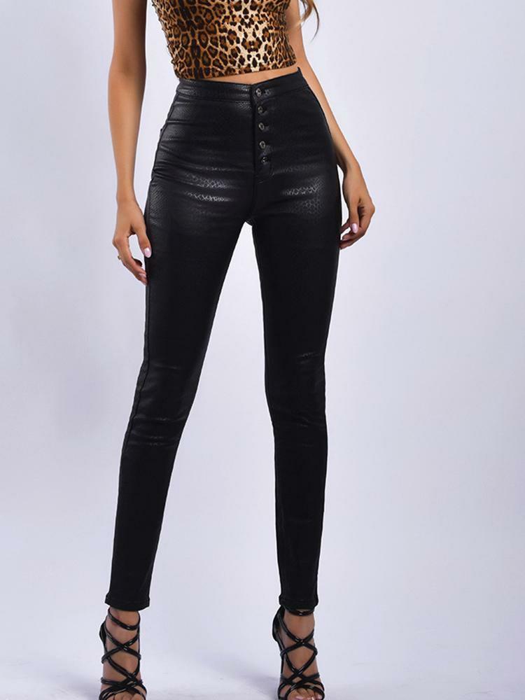 Bottoms |   Women Black Leggings PU Leather Like High Waisted Button Skinny Leggings Bottoms Bottoms