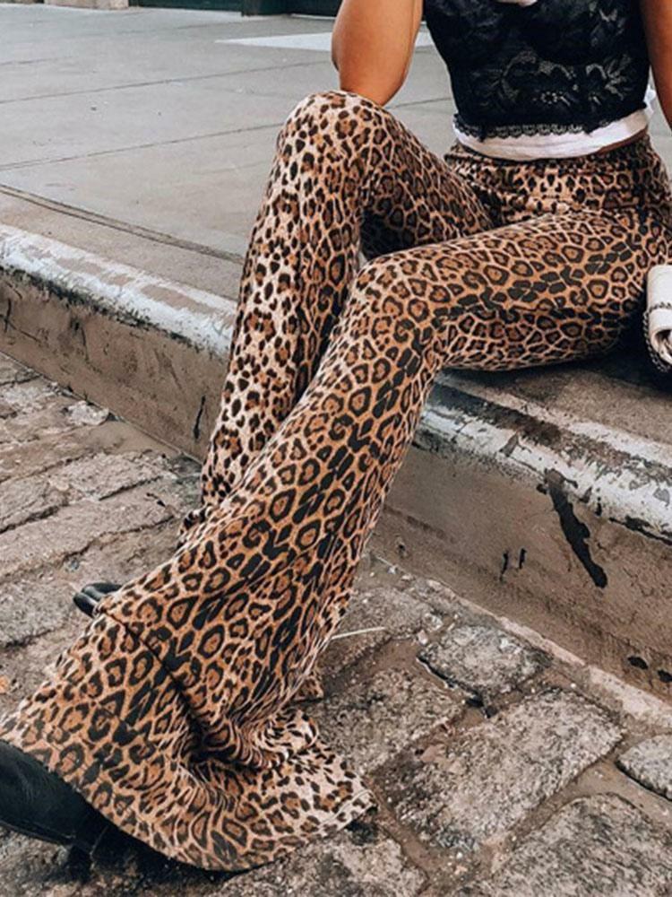 Bottoms |   Women Flared Pants Leopard Print Pattern Cotton High Rise Waist Trousers Bottoms Bottoms