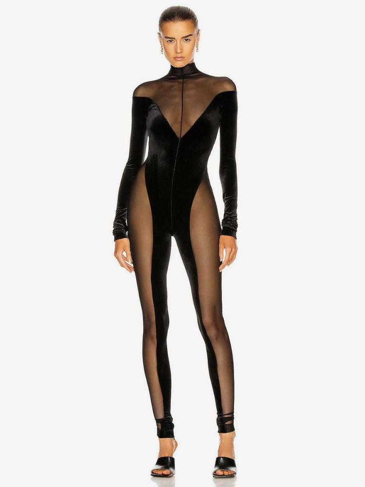 Clubwear |   Black High Collar Long Sleeves Jumpsuit Sheer Skinny Summer One Piece Outfit Clothing Clubwear