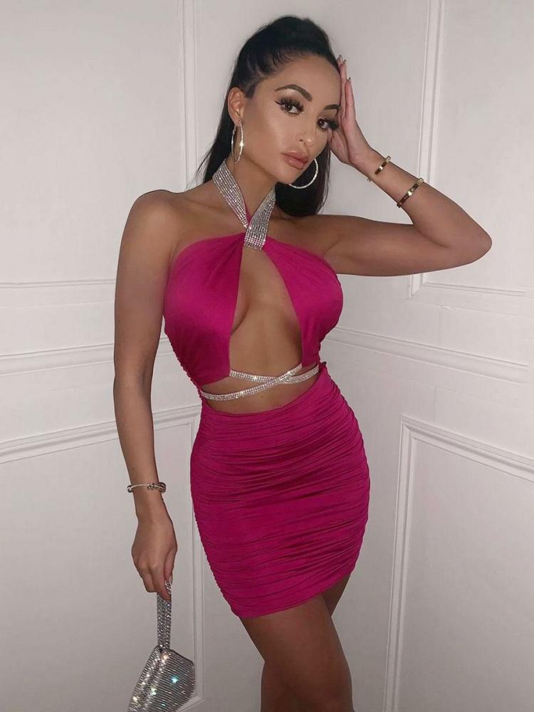 Clubwear |   Club Dress For Women Halter Sexy Sleeveless Two-Tone Backless Rose Sexy Dress Clothing Clubwear