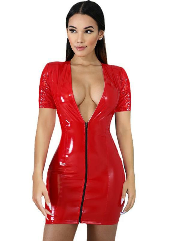 Clubwear |   Club Dress For Women V-Neck Sexy Zipper Short Sleeves PU Leather Red Sexy Dress Clothing Clubwear