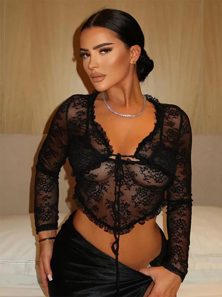 Clubwear |   Clubwear Lace Crop Top Long Sleeves Ruffles Black Lace Sexy Top Clothing Clubwear