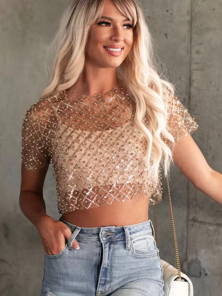 Clubwear |   Clubwear Top Trendy Jewel Neck Rhinestones Short Sleeves Polyester Sheer Clothing Clubwear