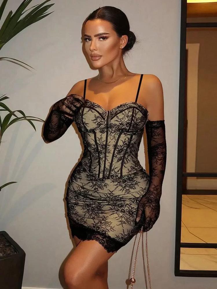 Clubwear |   Corset Dress Lace Overlay Convertible Sexy Mini Dress In Black Clothing Clubwear