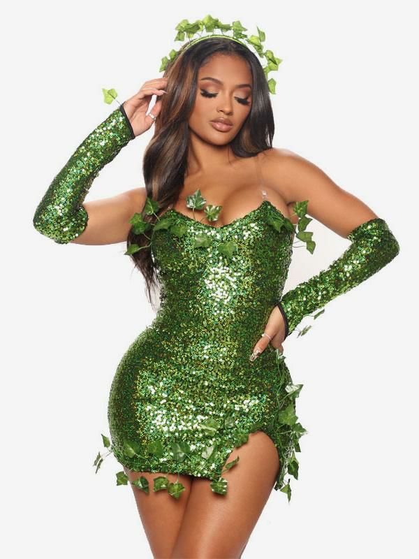 Clubwear |   Green Sequined Dress Leaves Trim Backless Birthday Party Dresses Clothing Clubwear