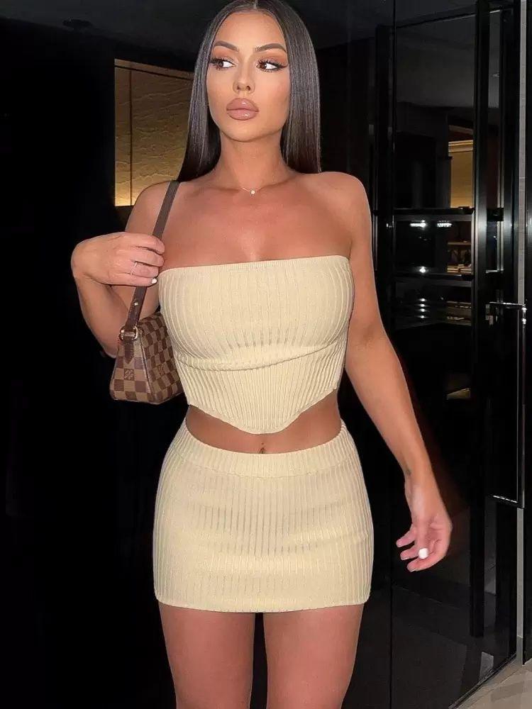 Clubwear |   Knitted Clubwear Off The Shoulder Sexy Nightout Coachella 2 Piece Set Clothing Clubwear