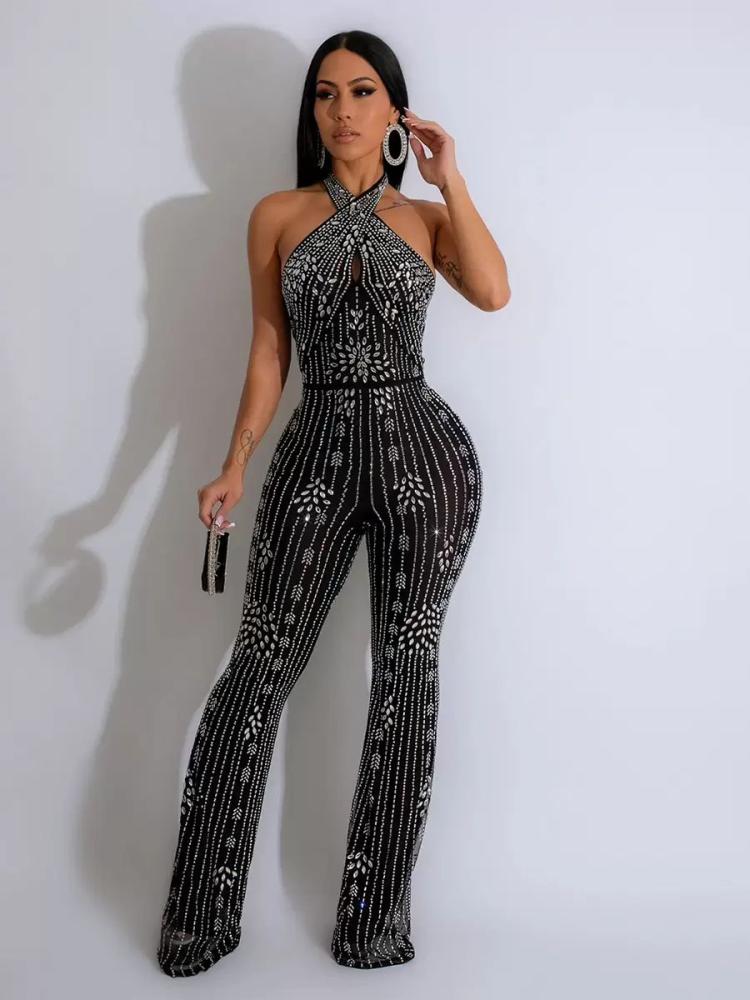 Clubwear |   Rhinestones Clubwear Halter Backless Cutout Sexy Coachella Jumpsuit Clothing Clubwear