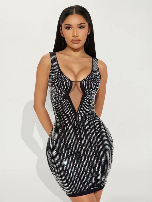 Clubwear |   Rhinestones Culb Dress Scoop Neck Sleeveless Sexy Tulle Dresses Clothing Clubwear